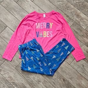 Sleep Chic Merry Vibes Pink and Blue PJ Set Size XL
